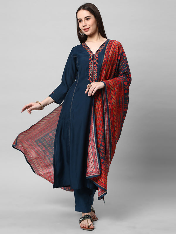 A machine embroidered kurta with self bottom paired with printed dupatta.