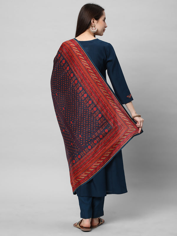 A machine embroidered kurta with self bottom paired with printed dupatta.