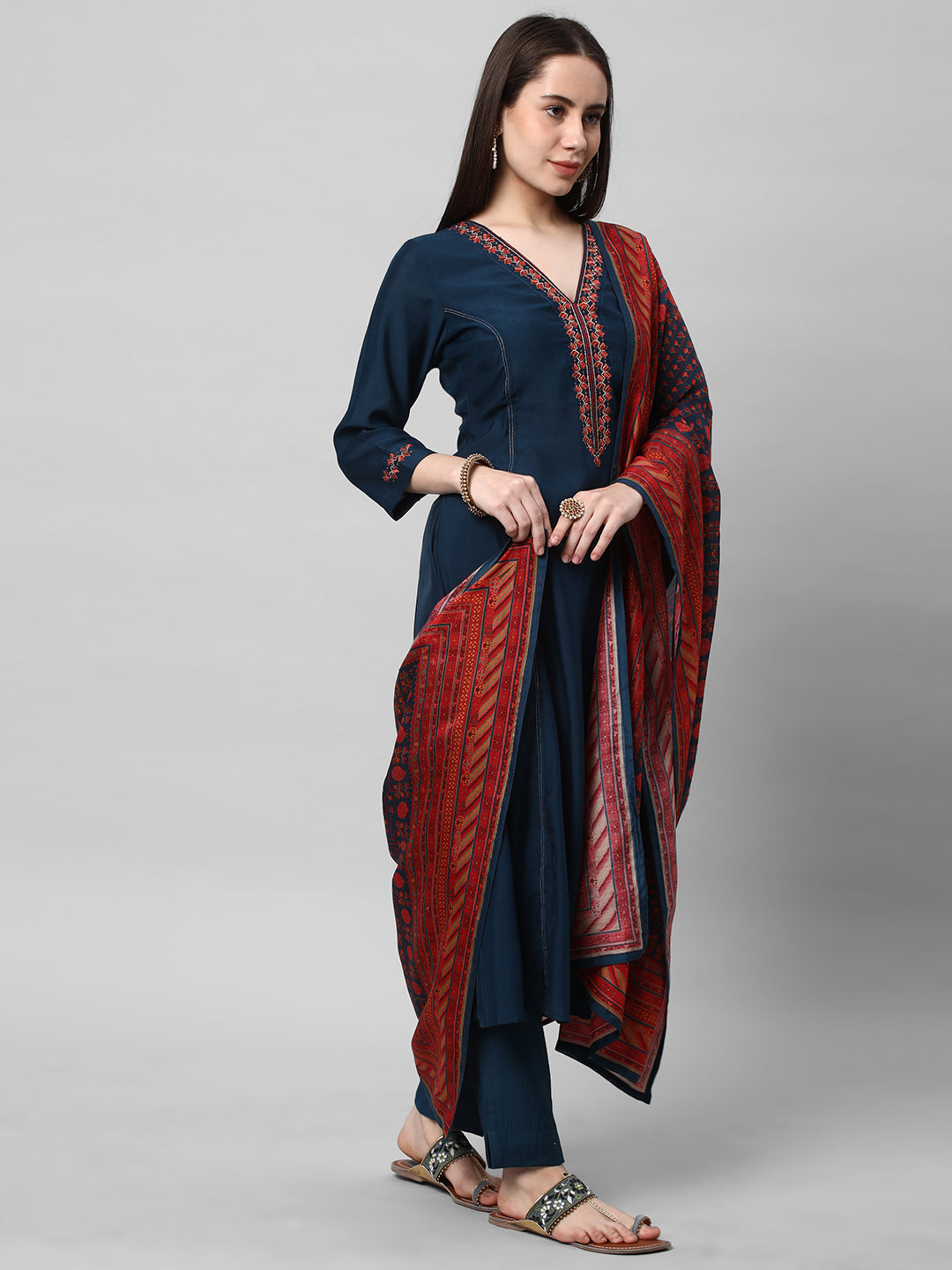 Party Edit- A machine embroidered kurta with self bottom paired with printed dupatta
