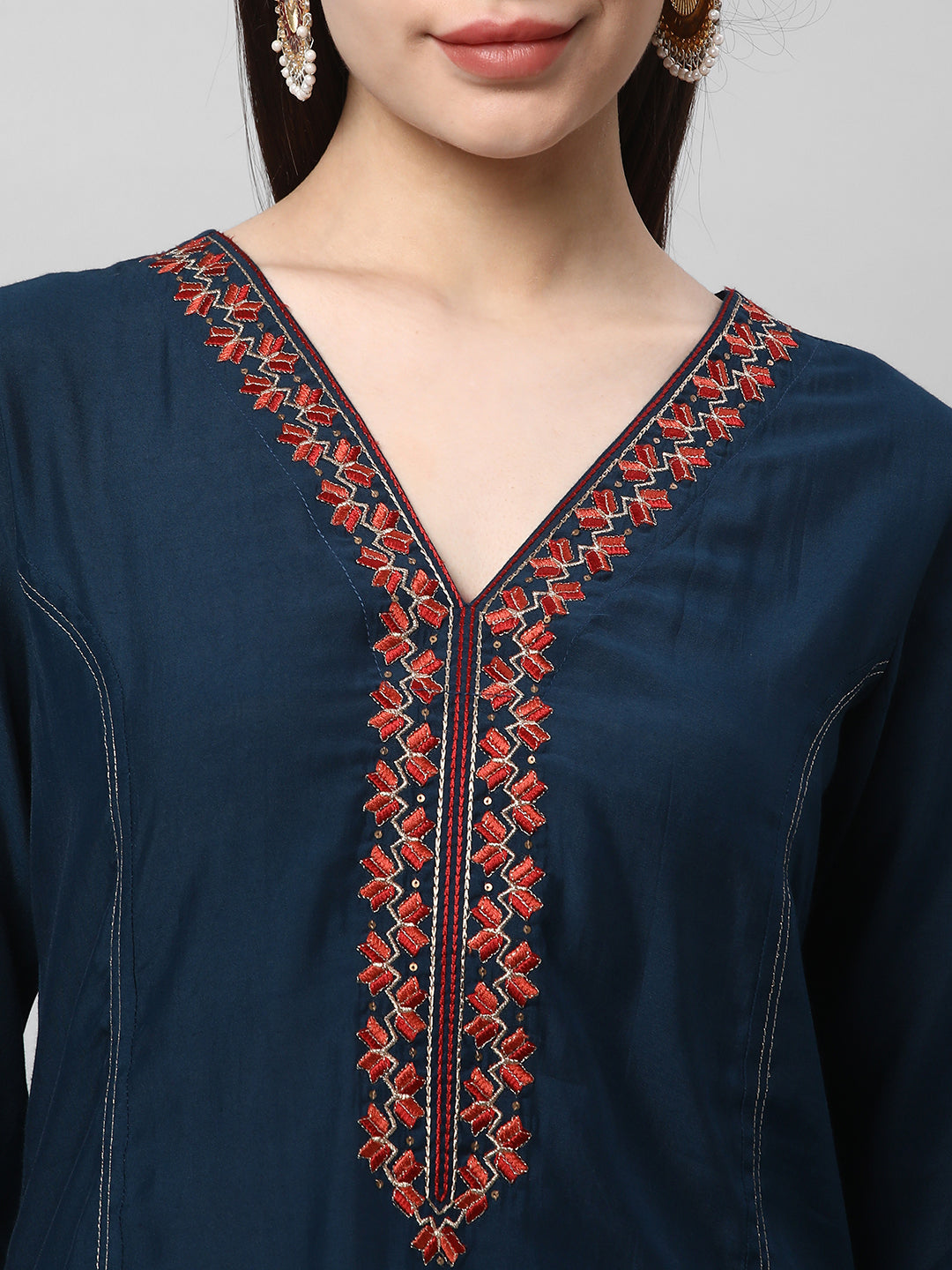 Party Edit- A machine embroidered kurta with self bottom paired with printed dupatta