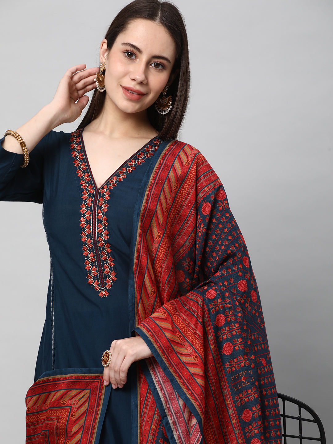 Party Edit- A machine embroidered kurta with self bottom paired with printed dupatta