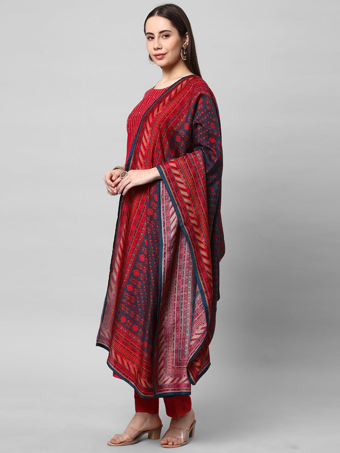 Party Edit- A straight stitched kurta suit set with machine embroidery and digital printed dupatta