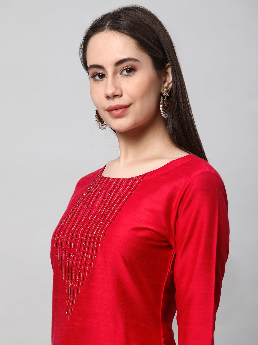 Party Edit- A straight stitched kurta suit set with machine embroidery and digital printed dupatta