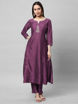 INAARA - Silk blend embroidered kurta in deep purple shade with sequined work.