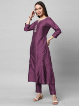 INAARA - Silk blend embroidered kurta in deep purple shade with sequined work.