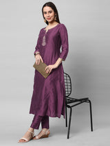 INAARA - Silk blend embroidered kurta in deep purple shade with sequined work.