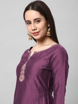 INAARA - Silk blend embroidered kurta in deep purple shade with sequined work.