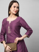 INAARA - Silk blend embroidered kurta in deep purple shade with sequined work.