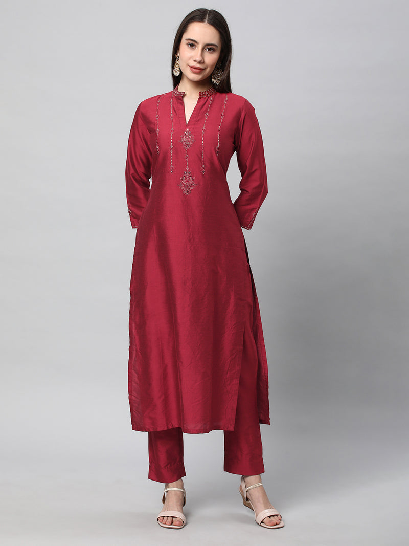 Inaara - Silk blend embroidered straight cut kurta in stunning red shade.