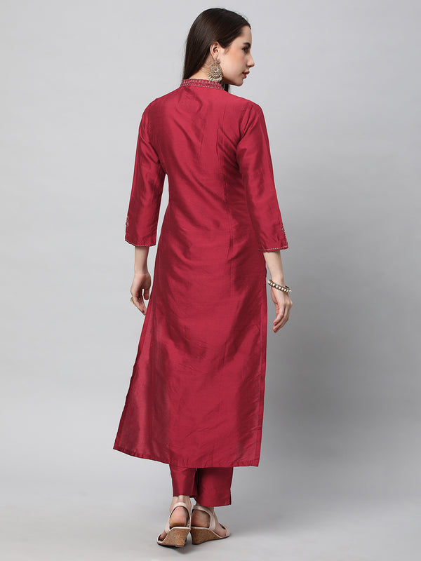 Inaara - Silk blend embroidered straight cut kurta in stunning red shade.