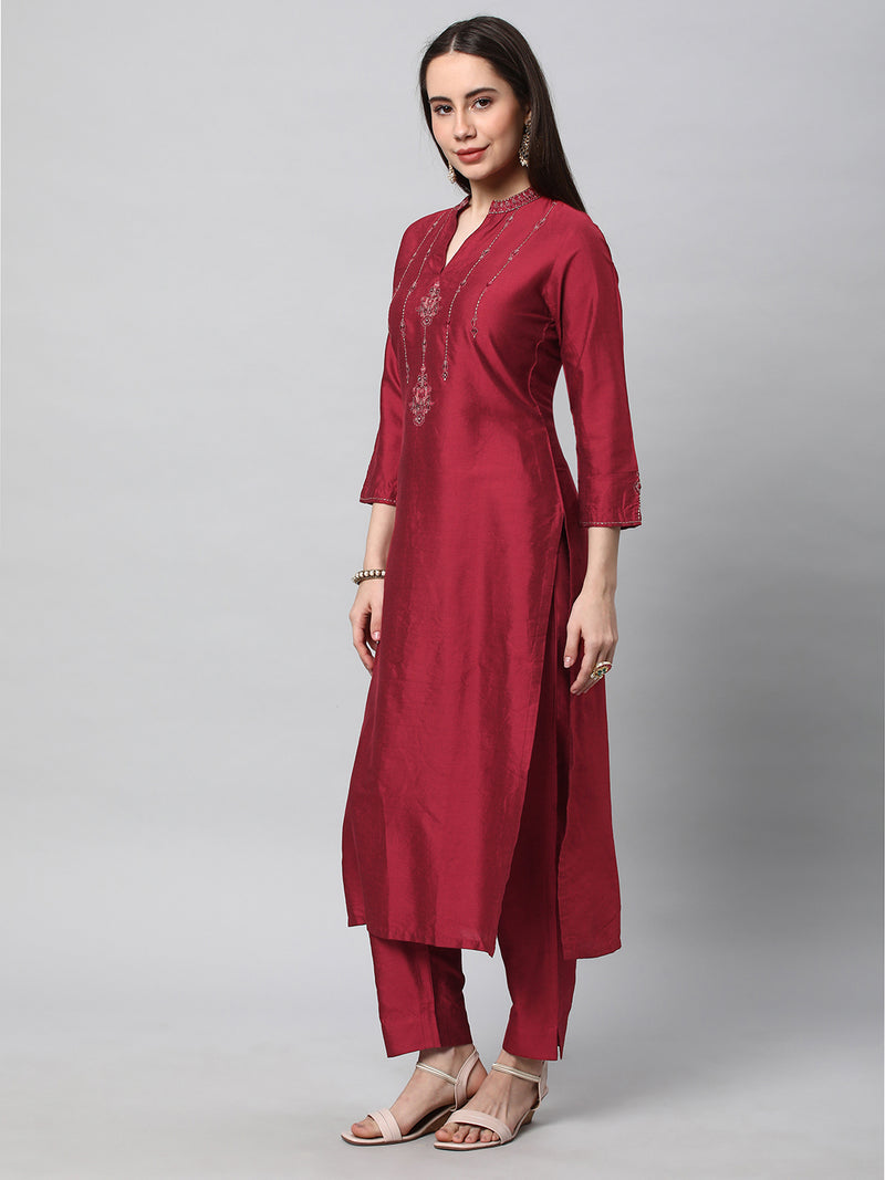 Inaara - Silk blend embroidered straight cut kurta in stunning red shade.