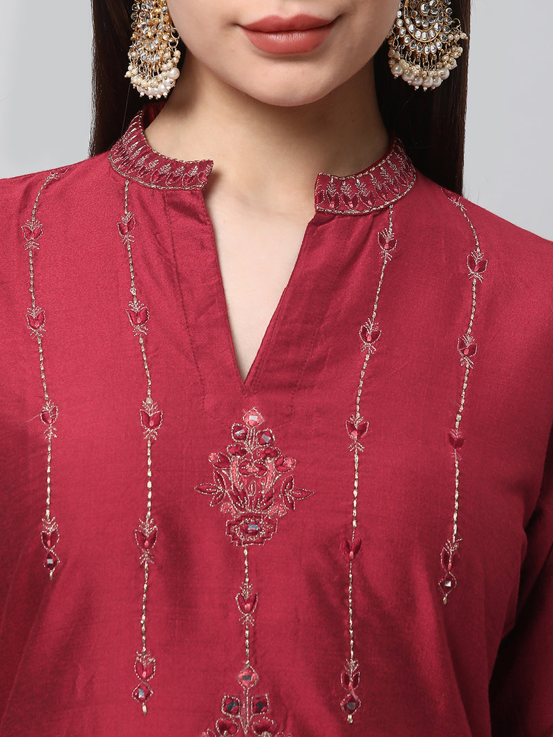 Inaara - Silk blend embroidered straight cut kurta in stunning red shade.