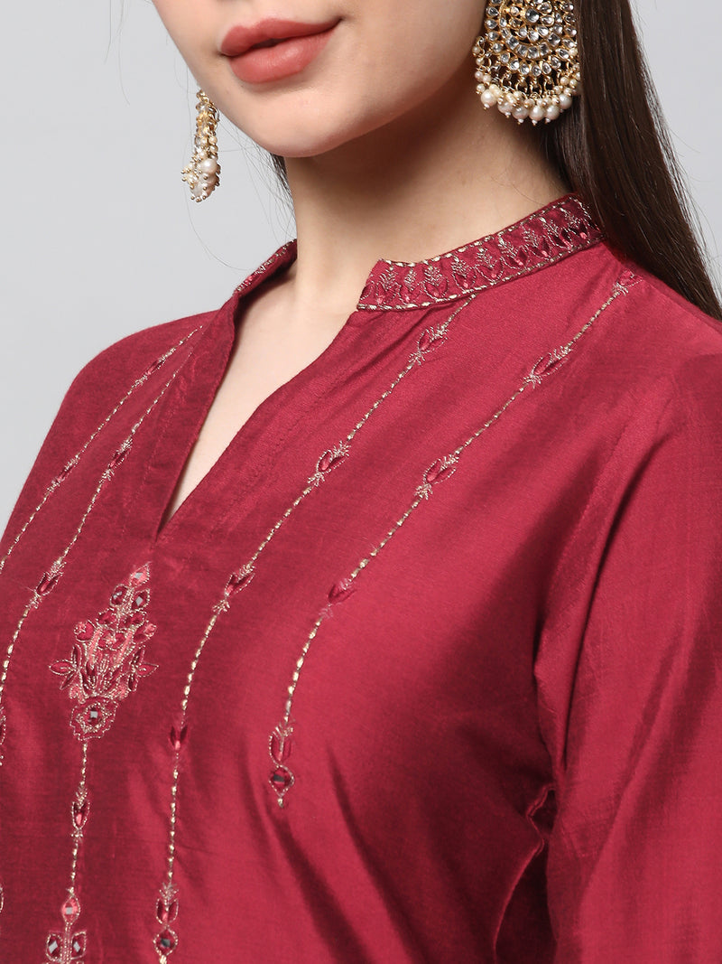 Inaara - Silk blend embroidered straight cut kurta in stunning red shade.