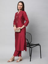 Inaara - Silk blend embroidered straight cut kurta in stunning red shade.