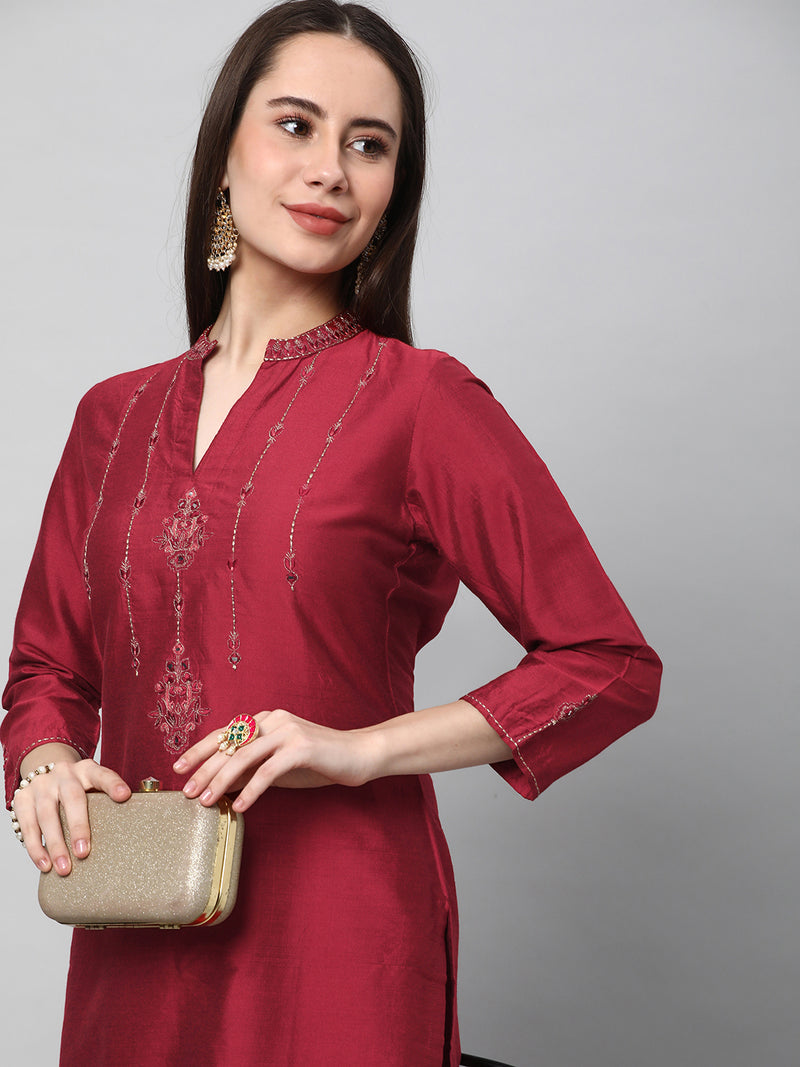 Inaara - Silk blend embroidered straight cut kurta in stunning red shade.