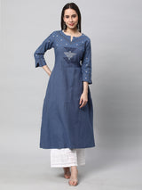 Leher - A line cotton kurta with a woven trim and hand embroidery.