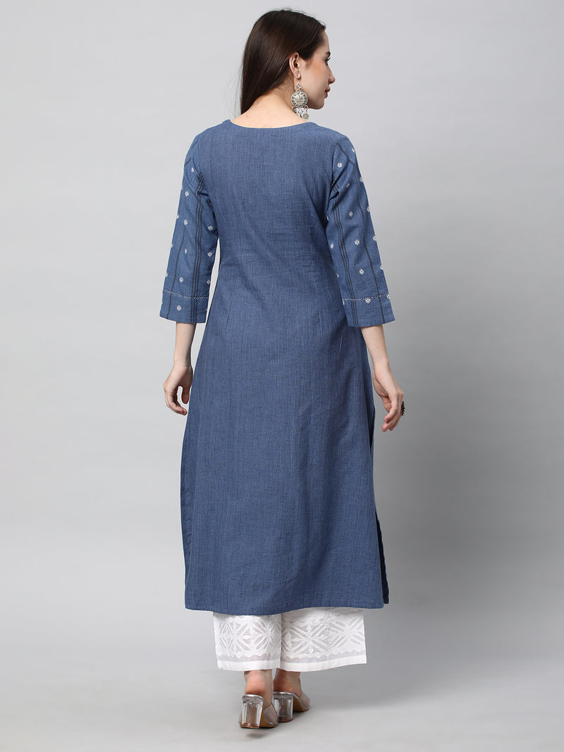 Leher - A line cotton kurta with a woven trim and hand embroidery.