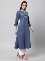 Leher - A line cotton kurta with a woven trim and hand embroidery.