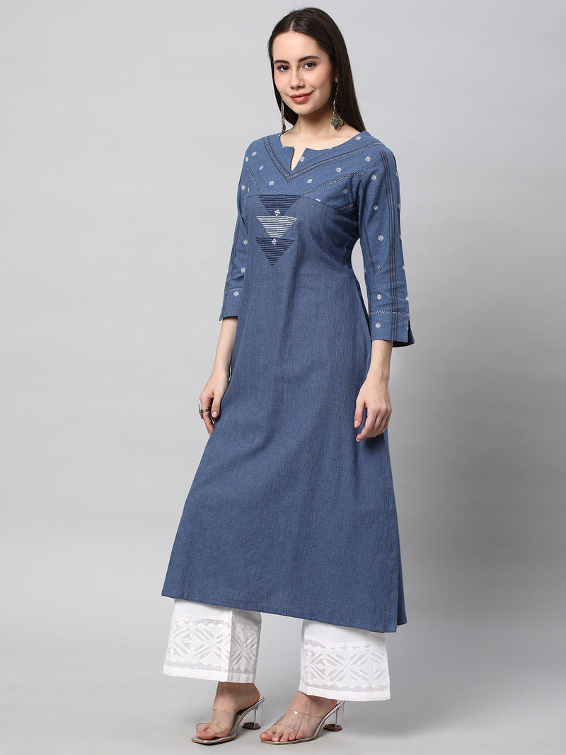 Leher - A line cotton kurta with a woven trim and hand embroidery.