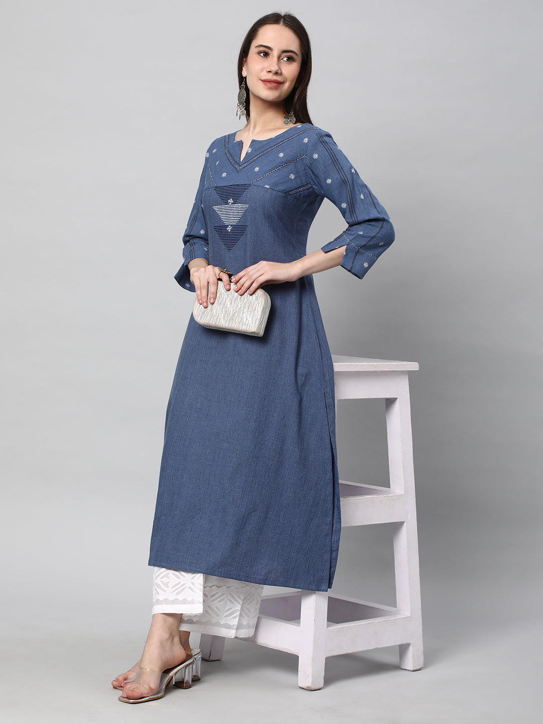 Leher - A line cotton kurta with a woven trim and hand embroidery