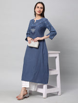 Leher - A line cotton kurta with a woven trim and hand embroidery.