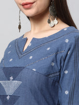 Leher - A line cotton kurta with a woven trim and hand embroidery.