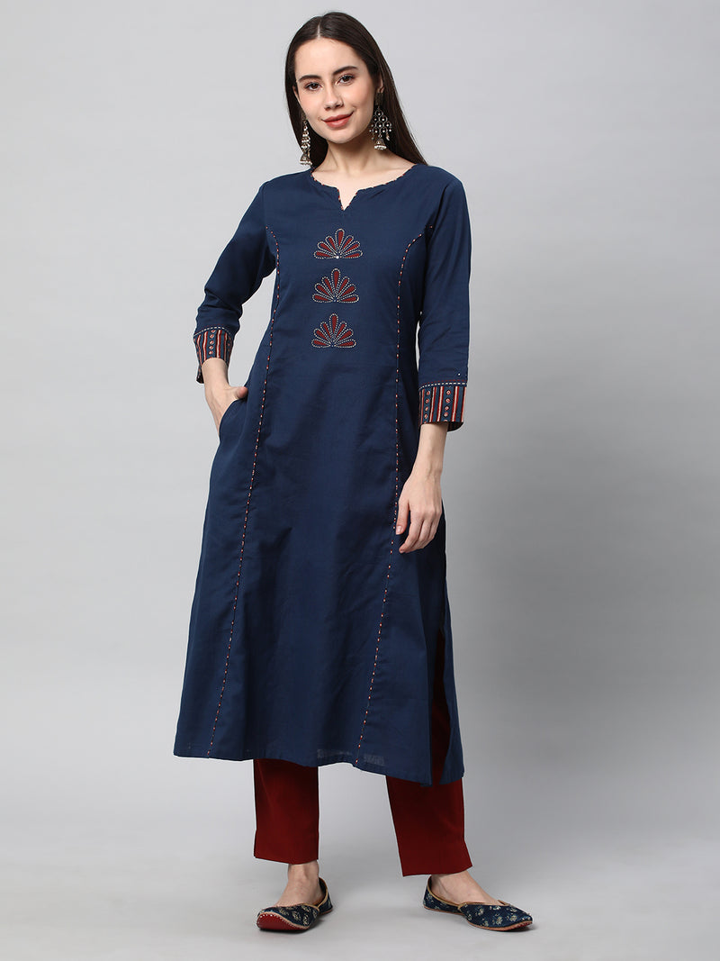 Leher - A line kurta with block print and hand embroidery detail.