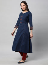 Leher - A line kurta with block print and hand embroidery detail.