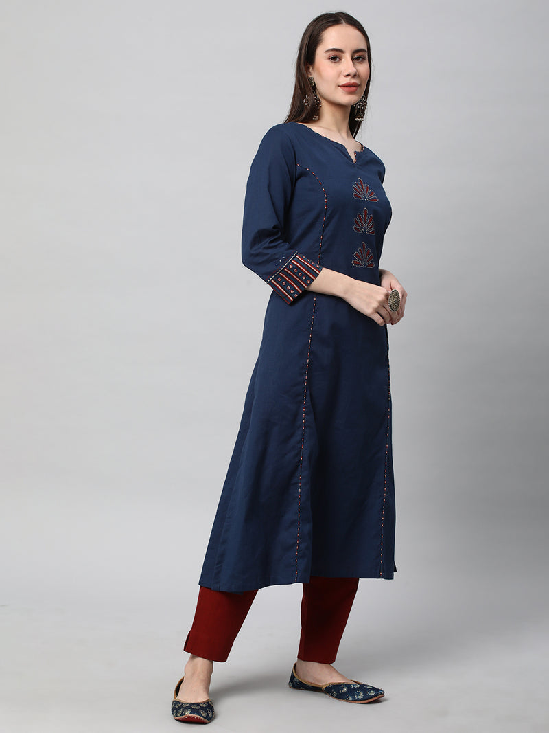 Leher - A line kurta with block print and hand embroidery detail.