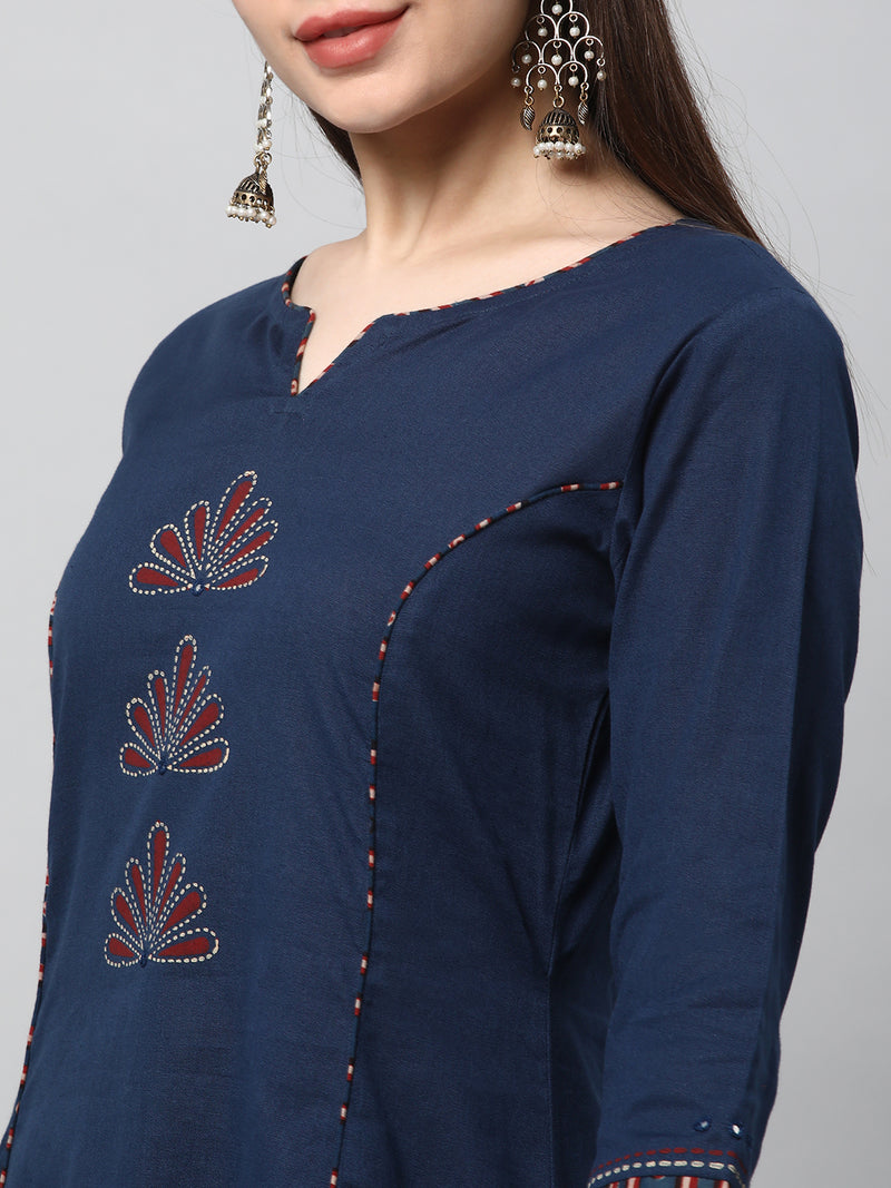 Leher - A line kurta with block print and hand embroidery detail.