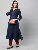 Leher - A line kurta with block print and hand embroidery detail.