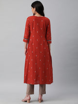 Leher - A line dobby kurta with a printed yoke highlighted with embroidery.