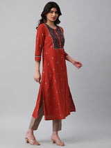 Leher - A line dobby kurta with a printed yoke highlighted with embroidery.