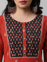 Leher - A line dobby kurta with a printed yoke highlighted with embroidery.