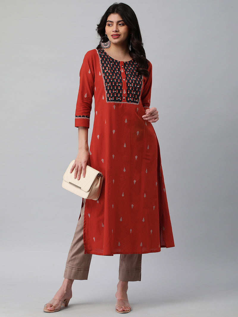 Leher - A line dobby kurta with a printed yoke highlighted with embroidery.