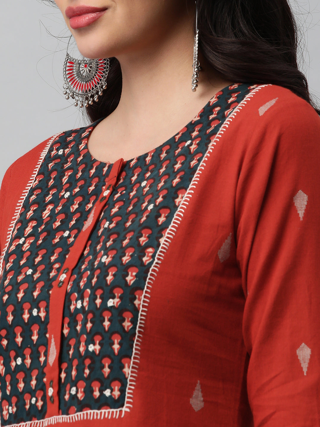 Leher - A line dobby kurta with a printed yoke highlighted with embroidery
