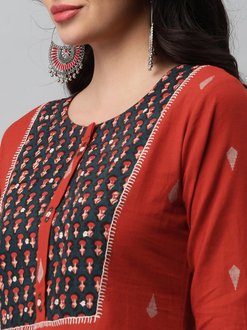 Leher - A line dobby kurta with a printed yoke highlighted with embroidery.