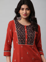 Leher - A line dobby kurta with a printed yoke highlighted with embroidery.