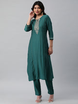 INAARA - A line kurta in silk blend fabric with embroidery and zari lace detailing.