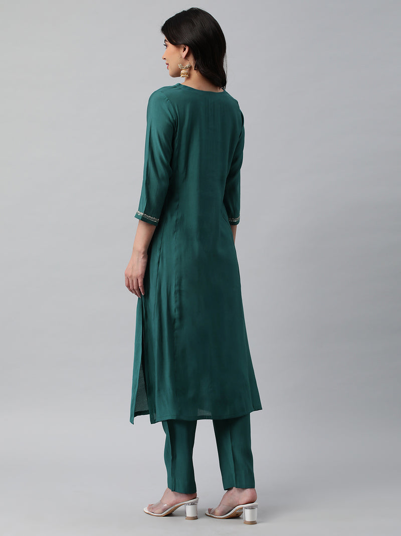 INAARA - A line kurta in silk blend fabric with embroidery and zari lace detailing.