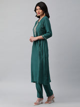 INAARA - A line kurta in silk blend fabric with embroidery and zari lace detailing.