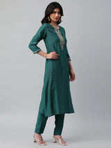 INAARA - A line kurta in silk blend fabric with embroidery and zari lace detailing.