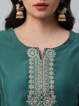 INAARA - A line kurta in silk blend fabric with embroidery and zari lace detailing.