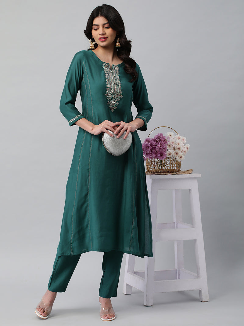 INAARA - A line kurta in silk blend fabric with embroidery and zari lace detailing.