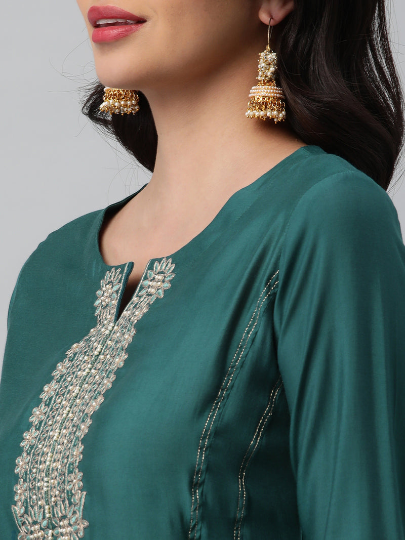 INAARA - A line kurta in silk blend fabric with embroidery and zari lace detailing.