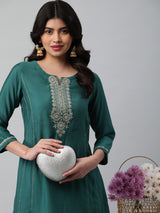 INAARA - A line kurta in silk blend fabric with embroidery and zari lace detailing.