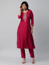 INAARA - A line kurta in silk blend fabric with embroidery and zari lace detailing.