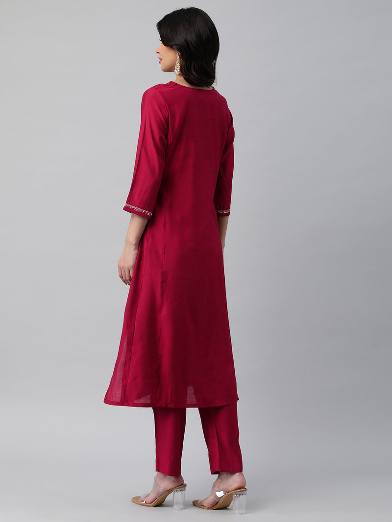 INAARA - A line kurta in silk blend fabric with embroidery and zari lace detailing.