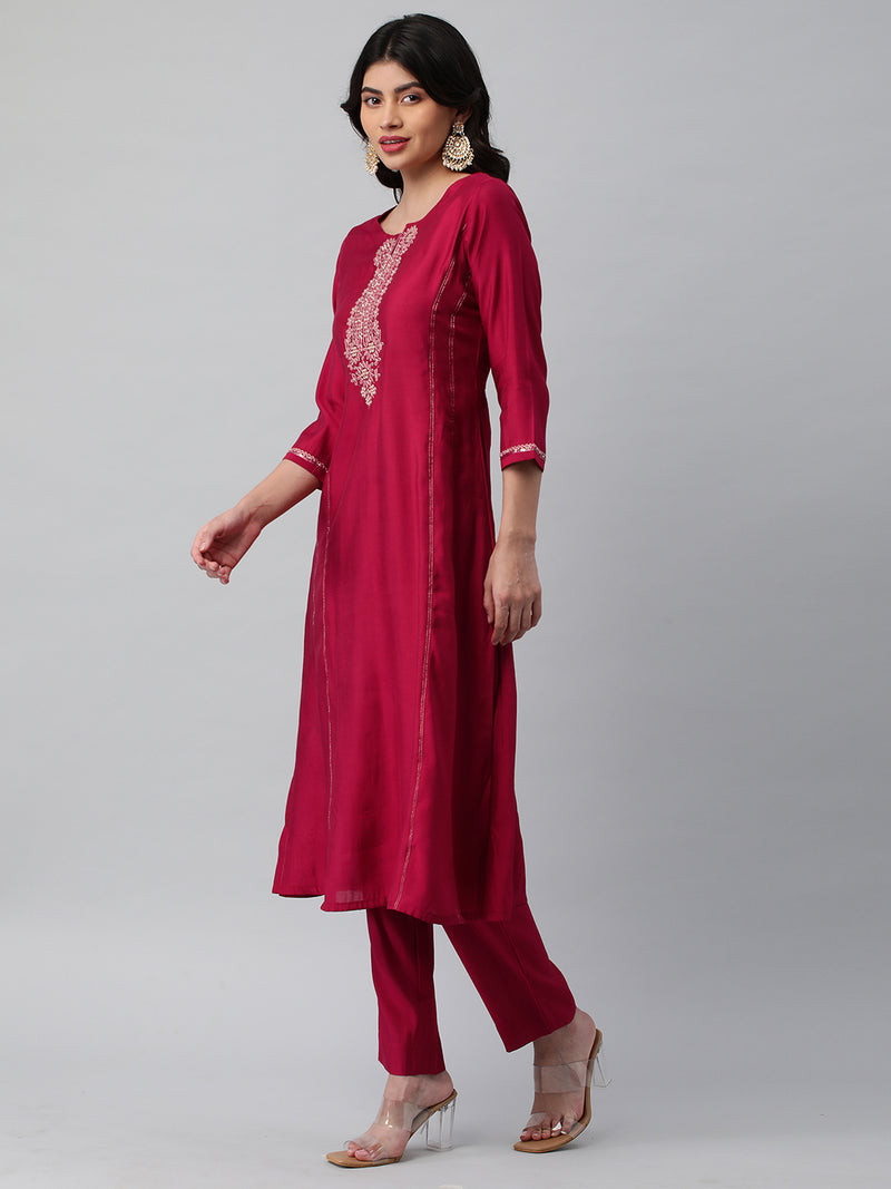 INAARA - A line kurta in silk blend fabric with embroidery and zari lace detailing.