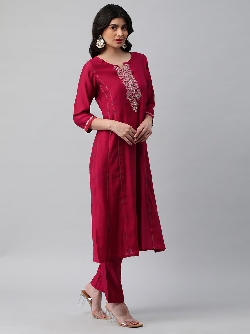 INAARA - A line kurta in silk blend fabric with embroidery and zari lace detailing.